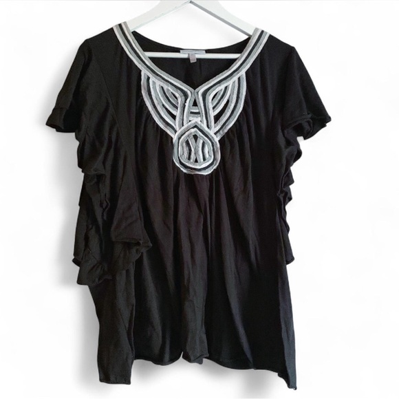 Fashion Bug Black Ruffled Appliqué Knit Blouse Top 3X - Picture 1 of 4